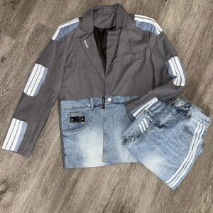 Gray and Blue Striped Blazer with Jeans